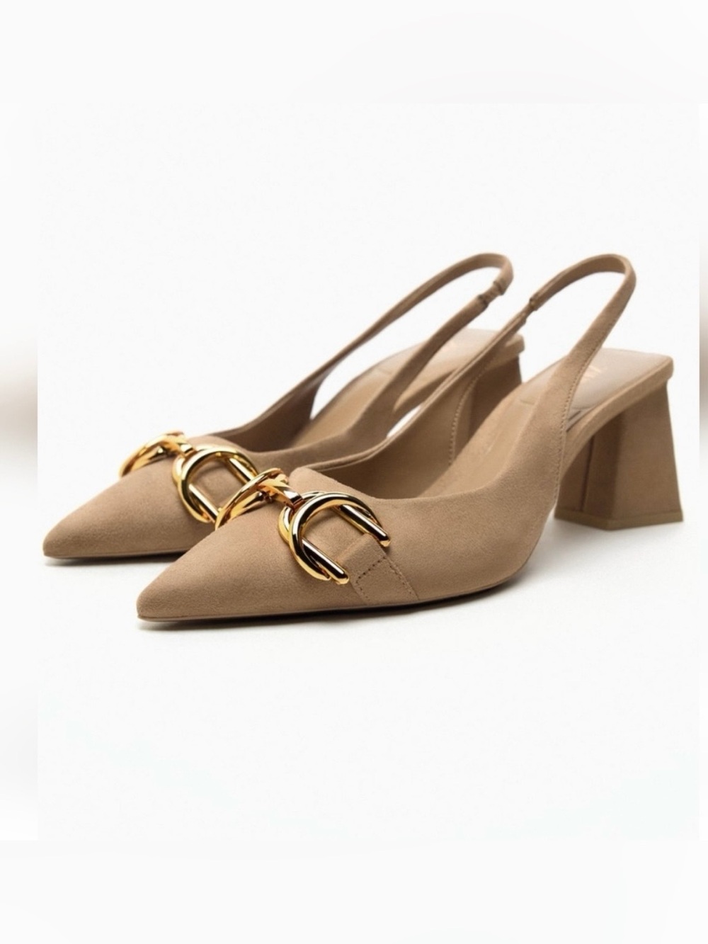Zara Beige Suede Sling Back with Gold Metal Horsebit Geometric Heel New size 40